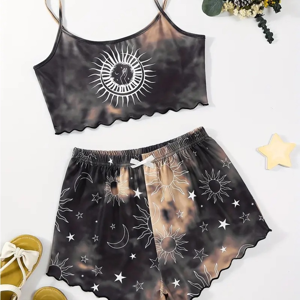 Sun and Moon Print Black and Brown Sleepwear Set
